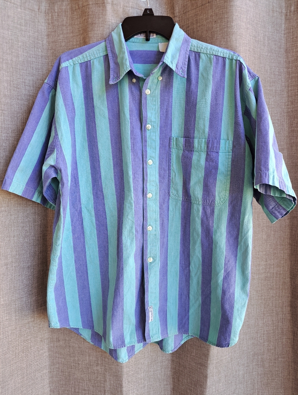 Vintage 1990s Centerfield Green Purple Vertical Striped Button-up Collared Shirt